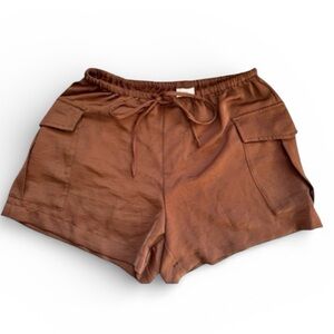 A New Day Brown Satin Cargo Shorts Drawstring Elastic Waist Size XS